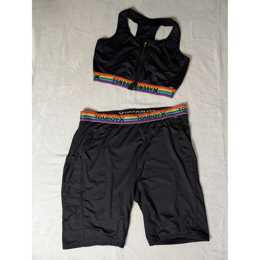 TomboyX 3X Rainbow Pride Matching Set Zip Sports Bra Compression Shorts